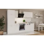 Kuhinjski blok CALIFORNIA 270 cm z vgradnimi aparati je izdelana iz oplemenitenih ivernih plošč debeline 16 mm, oblečena v dekor, kateri jo ščiti pred