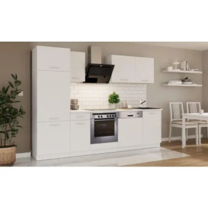 Kuhinjski blok CALIFORNIA BELA 270 cm z vgradnimi aparati . Kuhinjski blok CALIFORNIA 270 cm z vgradnimi aparati je izdelana iz oplemenitenih ivernih plošč