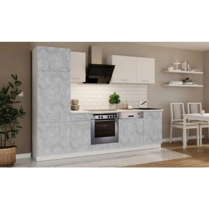 Kuhinjski blok CALIFORNIA BETON 270cm z vgradnimi aparati . Kuhinjski blok CALIFORNIA 270 cm z vgradnimi aparati je izdelana iz oplemenitenih ivernih plošč