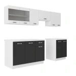 Kuhinjski blok DELTA 2 240 . Kuhinjski blok DELTA 2 240 cm je dobavljiva v črnobeli mat barvi. Korpusi so iz laminirane plošče debeline 18 mm. Vrata