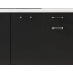 Kuhinjski blok DELTA 2 240 . Kuhinjski blok DELTA 2 240 cm je dobavljiva v črnobeli mat barvi. Korpusi so iz laminirane plošče debeline 18 mm. Vrata