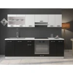 Kuhinjski blok DELTA 240 . Kuhinjski blok DELTA 240 cm je dobavljiva v črno- beli barvi. Korpusi so iz laminirane plošče debeline 18 mm. Vrata steklene