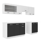 Kuhinjski blok DELTA 240 . Kuhinjski blok DELTA 240 cm je dobavljiva v črno- beli barvi. Korpusi so iz laminirane plošče debeline 18 mm. Vrata steklene