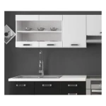 Kuhinjski blok DELTA 240 . Kuhinjski blok DELTA 240 cm je dobavljiva v črno- beli barvi. Korpusi so iz laminirane plošče debeline 18 mm. Vrata steklene