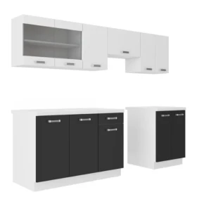 Kuhinjski blok DELTA 240 . Kuhinjski blok DELTA 240 cm je dobavljiva v črno- beli barvi. Korpusi so iz laminirane plošče debeline 18 mm. Vrata steklene