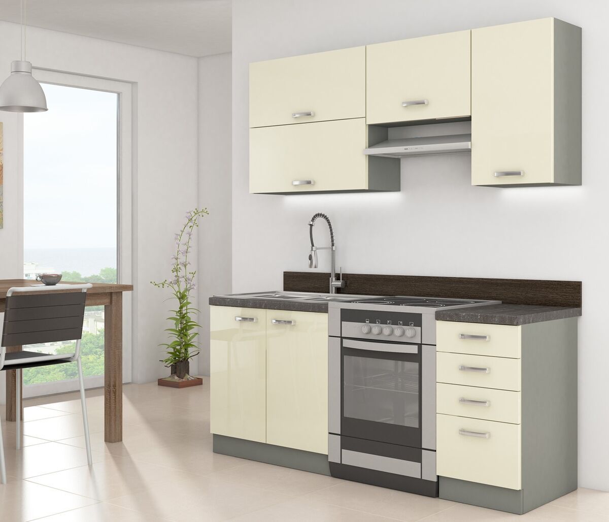 Kuhinjski blok ELITE 180 cm je dobavljiv v več barvah. Debelina delovnega pulta je 28 mm. Kuhinja je izdelana iz oplemenitenih ivernih plošč debeline 16 mm