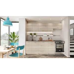 Kuhinjski blok ELLA 240 . Kuhinjski blok ELLA 240 cm je dobavljiv v sonoma barvi. Korpusi so iz laminirane plošče debeline 16 mm. Laminirane plošče so