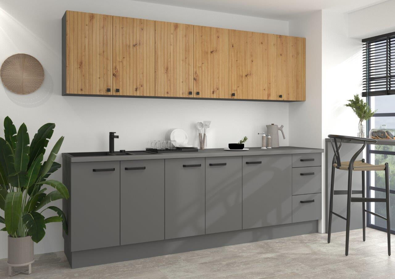 Kuhinjski blok HAJDI 260 je narejen iz kvalitetne laminirane plošče debeline 16 mm s ABS robovi. Debelina delovnega pulta je 38 mm (pult lahko dokupite po