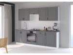 Kuhinjski blok ILONA 250 cm je dobavljiva v sivi barvi. Debelina delovnega pulta je 28 mm. Kuhinja je izdelana iz oplemenitenih ivernih plošč debeline 16