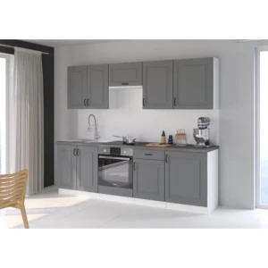 Kuhinjski blok ILONA 250 . Kuhinjski blok ILONA 250 cm je dobavljiva v sivi barvi. Debelina delovnega pulta je 28 mm. Kuhinja je izdelana iz oplemenitenih