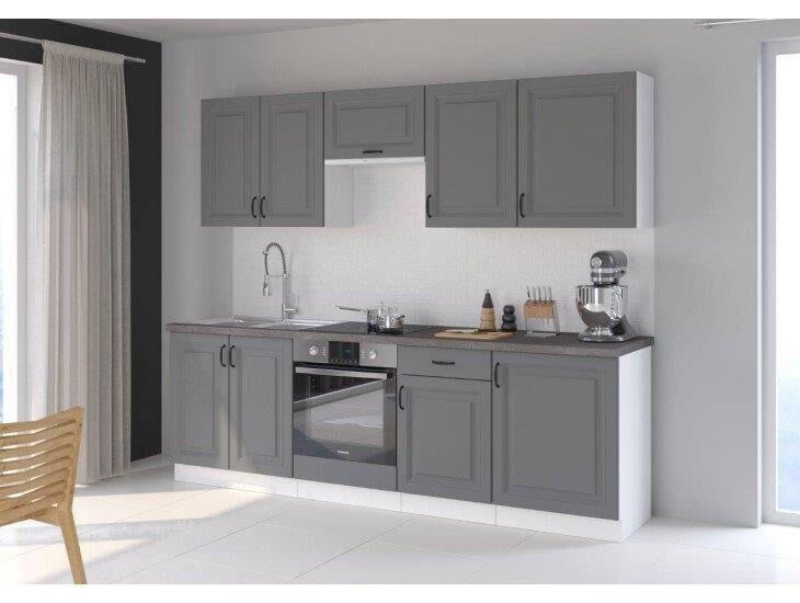 Kuhinjski blok ILONA 250 cm je dobavljiva v sivi barvi. Debelina delovnega pulta je 28 mm. Kuhinja je izdelana iz oplemenitenih ivernih plošč debeline 16