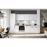 Kuhinjski blok JAGODA 300 bela + NAPA . Kuhinjski blok JAGODA bela 300 cm + NAPA je modernega dizajna v beli mat barvi. Stranice so narejene iz laminirane