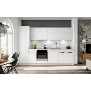 Kuhinjski blok JAGODA 300 bela + NAPA . Kuhinjski blok JAGODA bela 300 cm + NAPA je modernega dizajna v beli mat barvi. Stranice so narejene iz laminirane