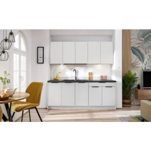 Kuhinjski blok JAGODA bela 200 cm . Kuhinjski blok JAGODA 200 cm je modernega dizajna v beli mat barvi. Stranice so narejene iz laminirane plošče debeline 16