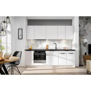 Kuhinjski blok JAGODA bela 240 + NAPA . Kuhinjski blok JAGODA bela 240 cm + NAPA je modernega dizajna v beli mat barvi. Stranice so narejene iz laminirane