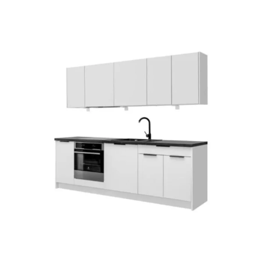 Kuhinjski blok JAGODA bela 240 z vgradnimi aparati . Kuhinjski blok JAGODA 240 cm z vgradnimi aparati, je modernega dizajna v beli mat barvi. Stranice so