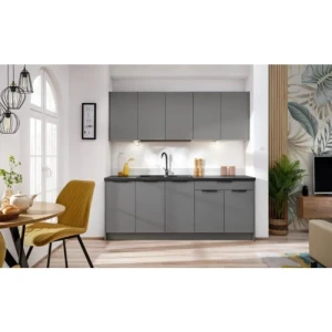 Kuhinjski blok JAGODA siva 200 . Kuhinjski blok JAGODA 200 cm je modernega dizajna v sivi mat barvi. Stranice so narejene iz laminirane plošče debeline 16