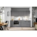 Kuhinjski blok JAGODA siva 240 z vgradnimi aparati . Kuhinjski blok JAGODA 240 cm z vgradnimi aparati, je modernega dizajna v sivi mat barvi. Stranice so