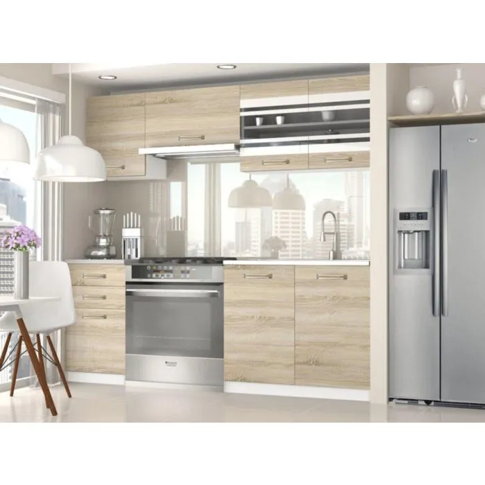 Kuhinjski blok LAGOS 180 . Moderno oblikovan kuhinjski blok LAGOS 180. Dobavljiv je v sonoma barvi. Debelina kuhinjskega pulta je 3cm. Možnost je naročiti