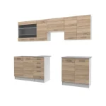 Kuhinjski blok LAVA 240 . Kuhinjski blok LAVA 240 cm je dobavljiva v sonoma/beli barvi. Korpusi so iz laminirane plošče debeline 18 mm. Vrata steklene