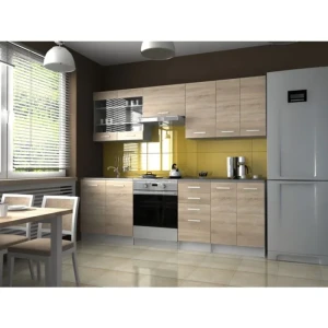 Kuhinjski blok LAVA 240 . Kuhinjski blok LAVA 240 cm je dobavljiva v sonoma/beli barvi. Korpusi so iz laminirane plošče debeline 18 mm. Vrata steklene