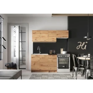 Kuhinjski blok LEYLA 180 . Kuhinjski blok LEYLA 180 cm dobavljiv v hrast barvi. Korpusi so iz laminirane plošče debeline 16 mm. Laminirane plošče so