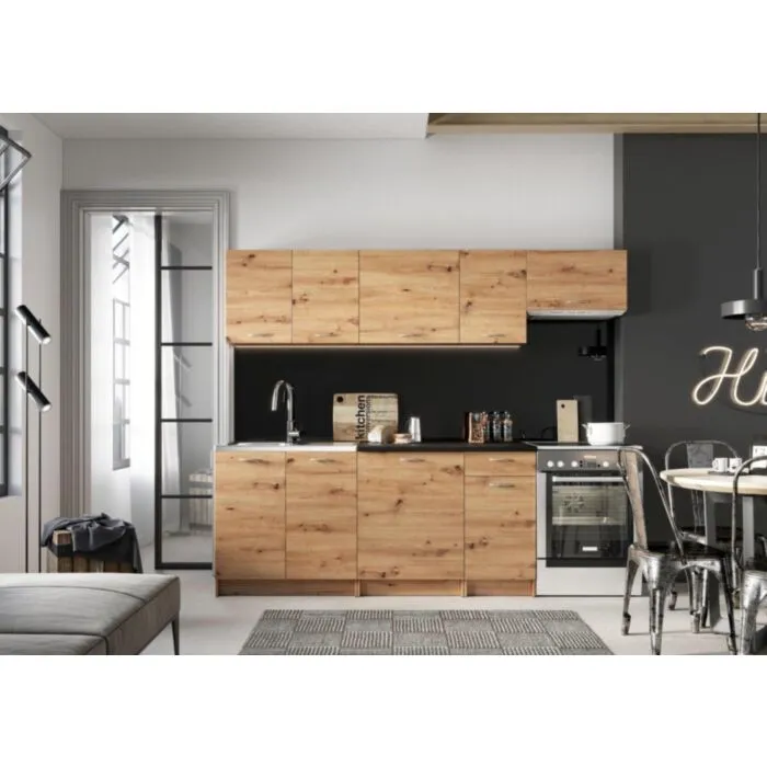Kuhinjski blok LEYLA 240 . Kuhinjski blok LEYLA 240 cm je dobavljiv v hrast barvi. Korpusi so iz laminirane plošče debeline 16 mm. Laminirane plošče so