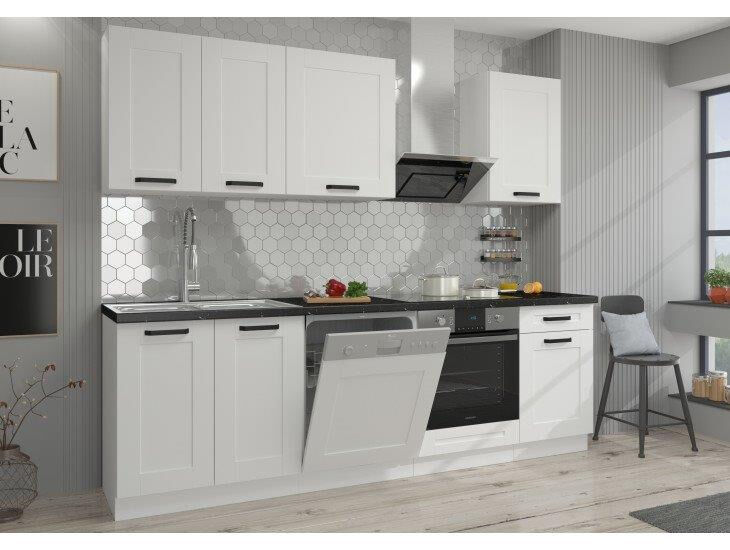 Kuhinjski blok LIJA 250 cm je dobavljiva v beli barvi. Debelina delovnega pulta je 38 mm. Kuhinja je izdelana iz oplemenitenih ivernih plošč debeline 16