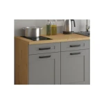 Kuhinjski blok LIMA 150 . Kuhinjski blok LIMA 150 cm je dobavljiva v sivi barvi. Debelina delovnega pulta je 38 mm. Kuhinja je izdelana iz oplemenitenih