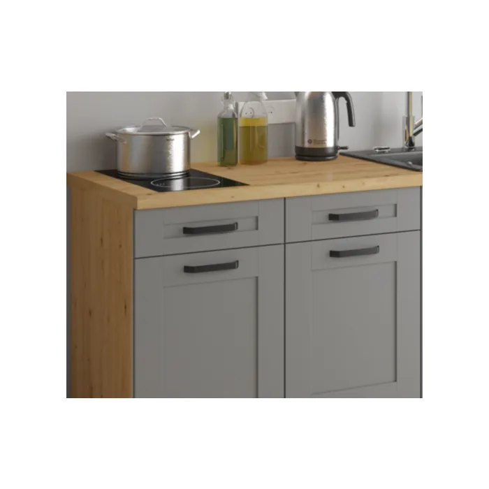 Kuhinjski blok LIMA 150 Kuhinjski blok LIMA 150 . Kuhinjski blok LIMA 150 cm je dobavljiva v sivi barvi. Debelina delovnega pulta je 38 mm. Kuhinja je izdelana iz oplemenitenih