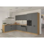 Kuhinjski blok LIMA 210 x 350 . Kuhinjski blok LIMA 210 x 350 cm je dobavljiva v sivi barvi. Debelina delovnega pulta je 38 mm. Fronte kuhinje imajo MDF rob.