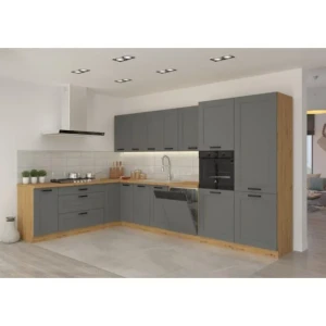 Kuhinjski blok LIMA 210 x 350 . Kuhinjski blok LIMA 210 x 350 cm je dobavljiva v sivi barvi. Debelina delovnega pulta je 38 mm. Fronte kuhinje imajo MDF rob.