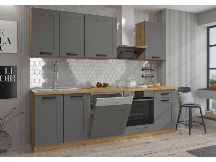 Kuhinjski blok LIMA 250 cm je dobavljiva v sivi barvi. Debelina delovnega pulta je 38 mm. Kuhinja je izdelana iz oplemenitenih ivernih plošč debeline 16