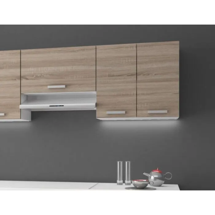 Kuhinjski blok META 240 Kuhinjski blok META 240 . Kuhinjski blok META 240 cm je dobavljiva v sonoma/beli barvi. Korpusi so iz laminirane plošče debeline 18 mm. Vrata steklene