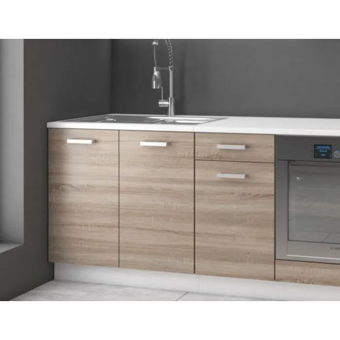 Kuhinjski blok META 240 Kuhinjski blok META 240 . Kuhinjski blok META 240 cm je dobavljiva v sonoma/beli barvi. Korpusi so iz laminirane plošče debeline 18 mm. Vrata steklene