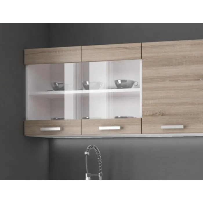 Kuhinjski blok META 240 Kuhinjski blok META 240 . Kuhinjski blok META 240 cm je dobavljiva v sonoma/beli barvi. Korpusi so iz laminirane plošče debeline 18 mm. Vrata steklene