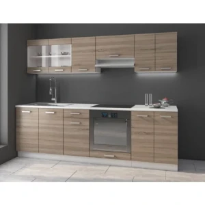 Kuhinjski blok META 240 . Kuhinjski blok META 240 cm je dobavljiva v sonoma/beli barvi. Korpusi so iz laminirane plošče debeline 18 mm. Vrata steklene