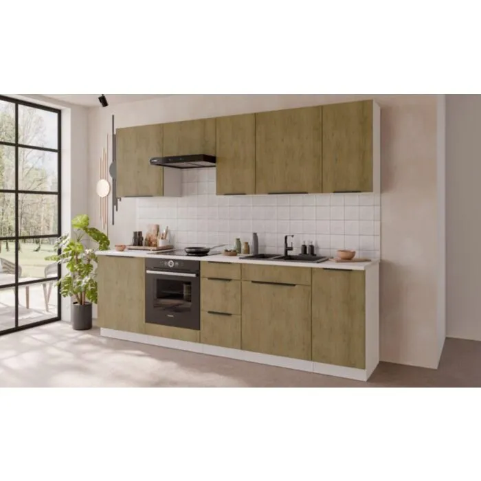 Kuhinjski blok MONI 260 Kuhinjski blok MONI 260 . Kuhinjski blok MONI 260 cm je kuhinja v kombinaciji hrasta in bele barve. Kuhinja je izdelana iz oplemenitenih ivernih plošč