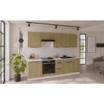 Kuhinjski blok MONI 260 . Kuhinjski blok MONI 260 cm je kuhinja v kombinaciji hrasta in bele barve. Kuhinja je izdelana iz oplemenitenih ivernih plošč