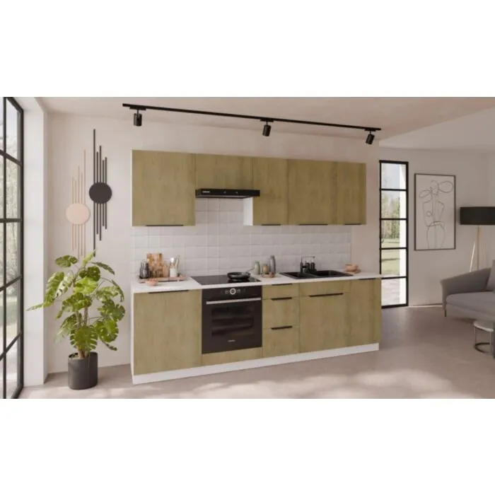 Kuhinjski blok MONI 260 Kuhinjski blok MONI 260 . Kuhinjski blok MONI 260 cm je kuhinja v kombinaciji hrasta in bele barve. Kuhinja je izdelana iz oplemenitenih ivernih plošč