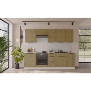 Kuhinjski blok MONI 260 . Kuhinjski blok MONI 260 cm je kuhinja v kombinaciji hrasta in bele barve. Kuhinja je izdelana iz oplemenitenih ivernih plošč