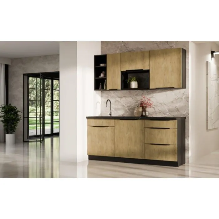 Kuhinjski blok MONIKA 180cm Kuhinjski blok MONIKA 180cm . Kuhinjski blok MONIKA 180 cm je kuhinja v kombinaciji hrasta in črne barve. Kuhinja je izdelana iz oplemenitenih ivernih plošč