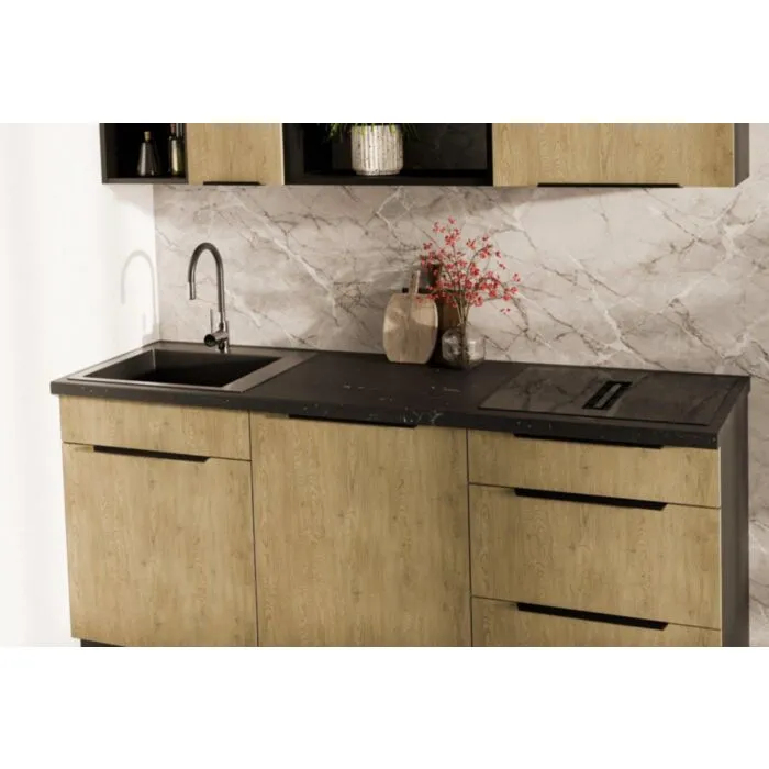 Kuhinjski blok MONIKA 180cm Kuhinjski blok MONIKA 180cm . Kuhinjski blok MONIKA 180 cm je kuhinja v kombinaciji hrasta in črne barve. Kuhinja je izdelana iz oplemenitenih ivernih plošč