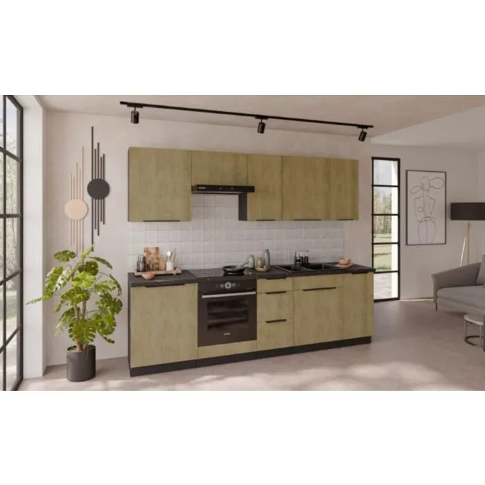 Kuhinjski blok MONIKA 260 cm Kuhinjski blok MONIKA 260 cm . Kuhinjski blok MONIKA 260 cm je kuhinja v kombinaciji hrasta in črne barve. Kuhinja je izdelana iz oplemenitenih ivernih