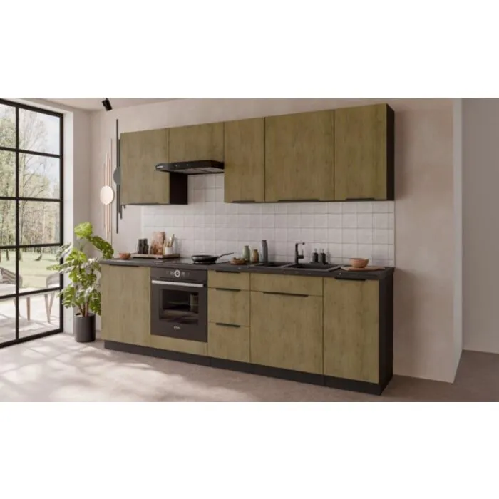 Kuhinjski blok MONIKA 260 cm Kuhinjski blok MONIKA 260 cm . Kuhinjski blok MONIKA 260 cm je kuhinja v kombinaciji hrasta in črne barve. Kuhinja je izdelana iz oplemenitenih ivernih