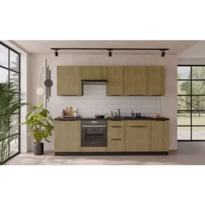 Kuhinjski blok MONIKA 260 cm . Kuhinjski blok MONIKA 260 cm je kuhinja v kombinaciji hrasta in črne barve. Kuhinja je izdelana iz oplemenitenih ivernih