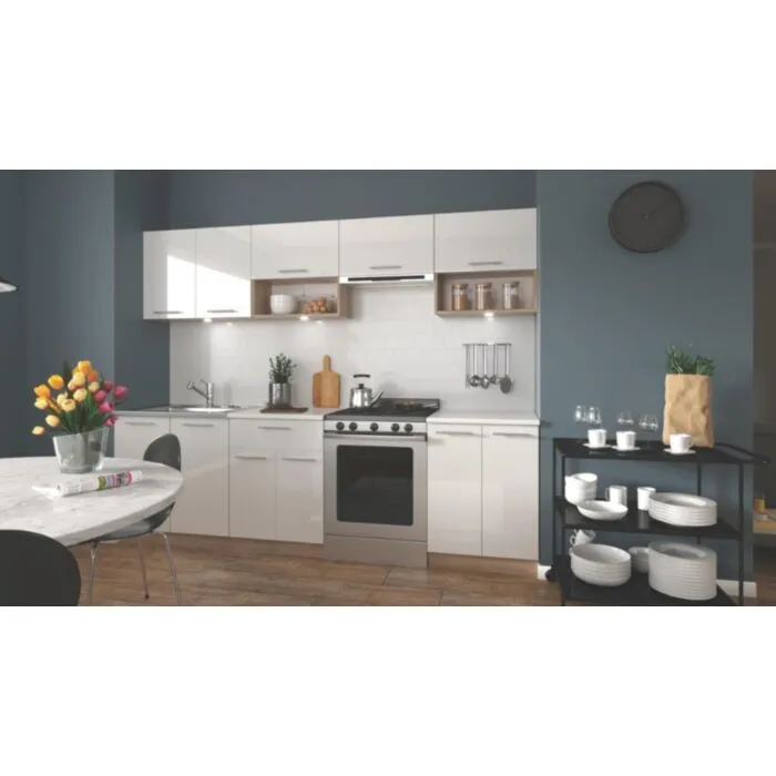 Kuhinjski blok NAJA 260 . Kuhinjski blok NAJA 260 cm je dobavljiv v bela sijaj/sonoma barvi. Korpusi so iz laminirane plošče debeline 16 mm. Laminirane