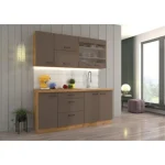 Kuhinjski blok OMIA 180 . Kuhinja OMIA 180 cm je kuhinja, katera bo prinesla svežino v vaš dom. Dobavljiva je v moderni taupe/hrast barvi. Debelina delovnega