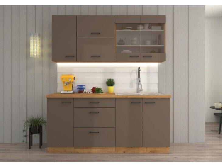 Kuhinja OMIA 180 cm je kuhinja, katera bo prinesla svežino v vaš dom. Dobavljiva je v moderni taupe/hrast barvi. Debelina delovnega pulta je 38 mm.