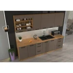 Kuhinjski blok OMIA 260 . Kuhinja OMIA 260 cm je kuhinja, katera bo prinesla svežino v vaš dom. Dobavljiva je v moderni taupe/hrast barvi. Debelina delovnega